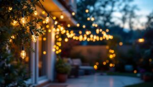 A photograph of a beautifully illuminated outdoor space featuring white string lights draped elegantly across a patio or garden
