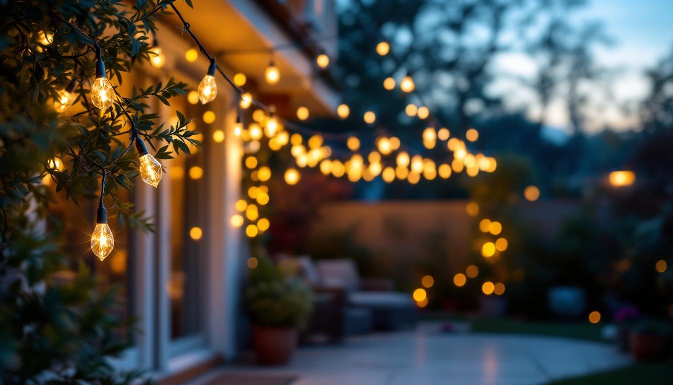 A photograph of a beautifully illuminated outdoor space featuring white string lights draped elegantly across a patio or garden