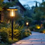 A photograph of a stylish solar outside lamp post illuminated at dusk