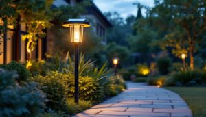 A photograph of a stylish solar outside lamp post illuminated at dusk