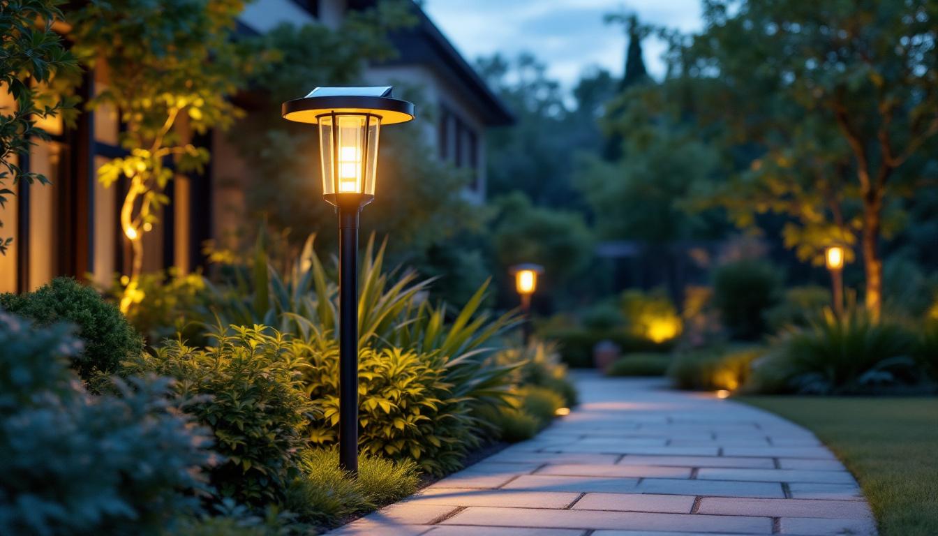 A photograph of a stylish solar outside lamp post illuminated at dusk