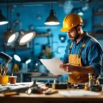 A photograph of a professional lighting contractor in action