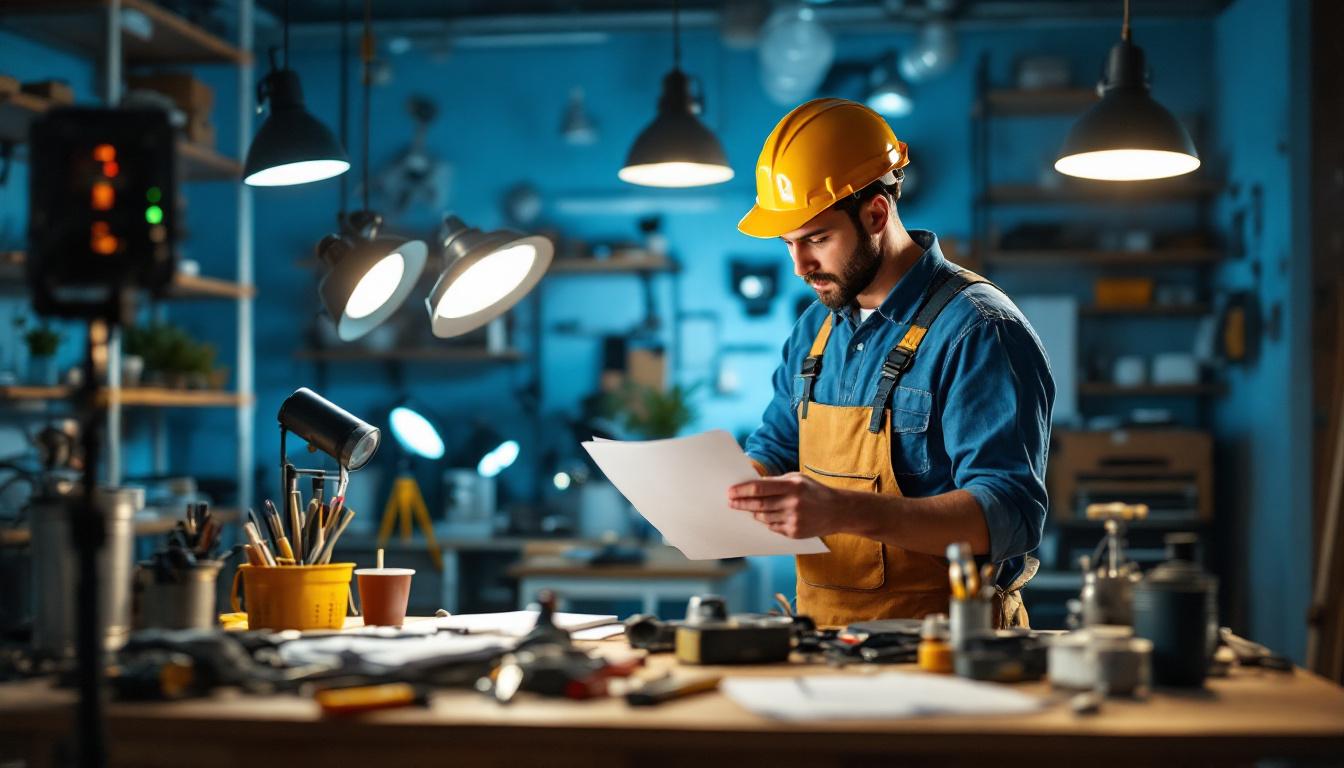 A photograph of a professional lighting contractor in action