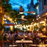 A photograph of a bustling outdoor commercial space