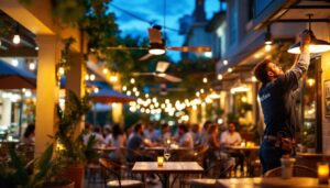 A photograph of a bustling outdoor commercial space