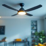 A photograph of a modern ceiling fan with integrated lighting features
