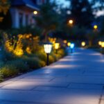 A photograph of a beautifully illuminated outdoor walkway featuring various styles of solar sidewalk lights
