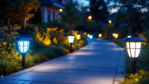 A photograph of a beautifully illuminated outdoor walkway featuring various styles of solar sidewalk lights
