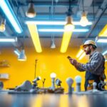 A photograph of a brightly lit workspace featuring a variety of fluorescent lamps in different styles and applications