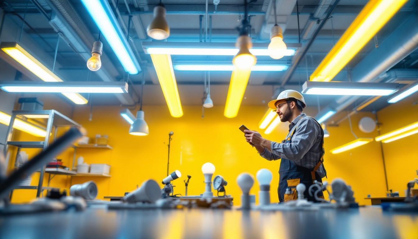 A photograph of a brightly lit workspace featuring a variety of fluorescent lamps in different styles and applications