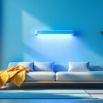 A photograph of a modern room equipped with a uv light sanitizer in action
