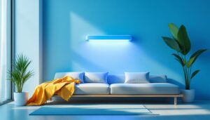 A photograph of a modern room equipped with a uv light sanitizer in action