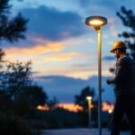 A photograph of a sleek fiberglass light post installed in an outdoor setting