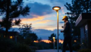 A photograph of a sleek fiberglass light post installed in an outdoor setting