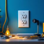 A photograph of a close-up shot of a 15 amp duplex receptacle installed in a stylish interior setting