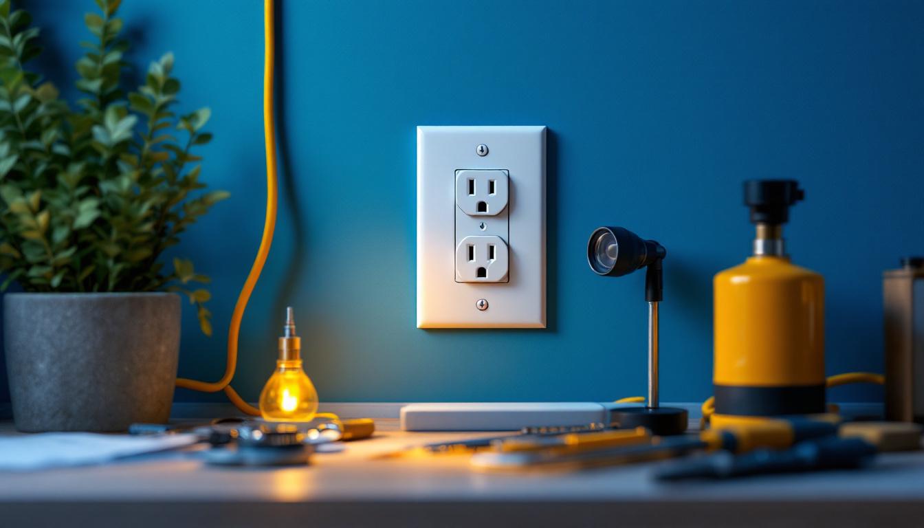 A photograph of a close-up shot of a 15 amp duplex receptacle installed in a stylish interior setting