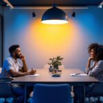A photograph of a well-designed meeting room featuring a variety of lighting options