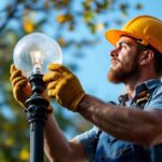 A photograph of a lighting contractor installing a replacement globe on an outdoor lamp post