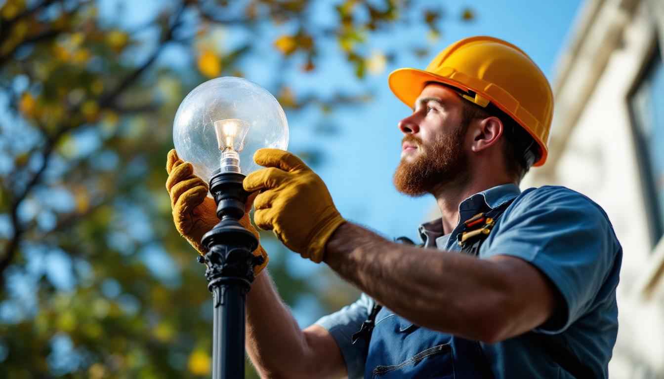 A photograph of a lighting contractor installing a replacement globe on an outdoor lamp post