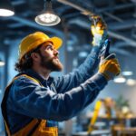 A photograph of a professional lighting contractor at work