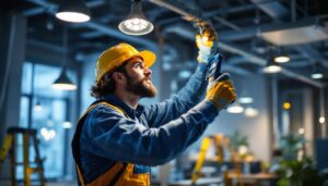 A photograph of a professional lighting contractor at work
