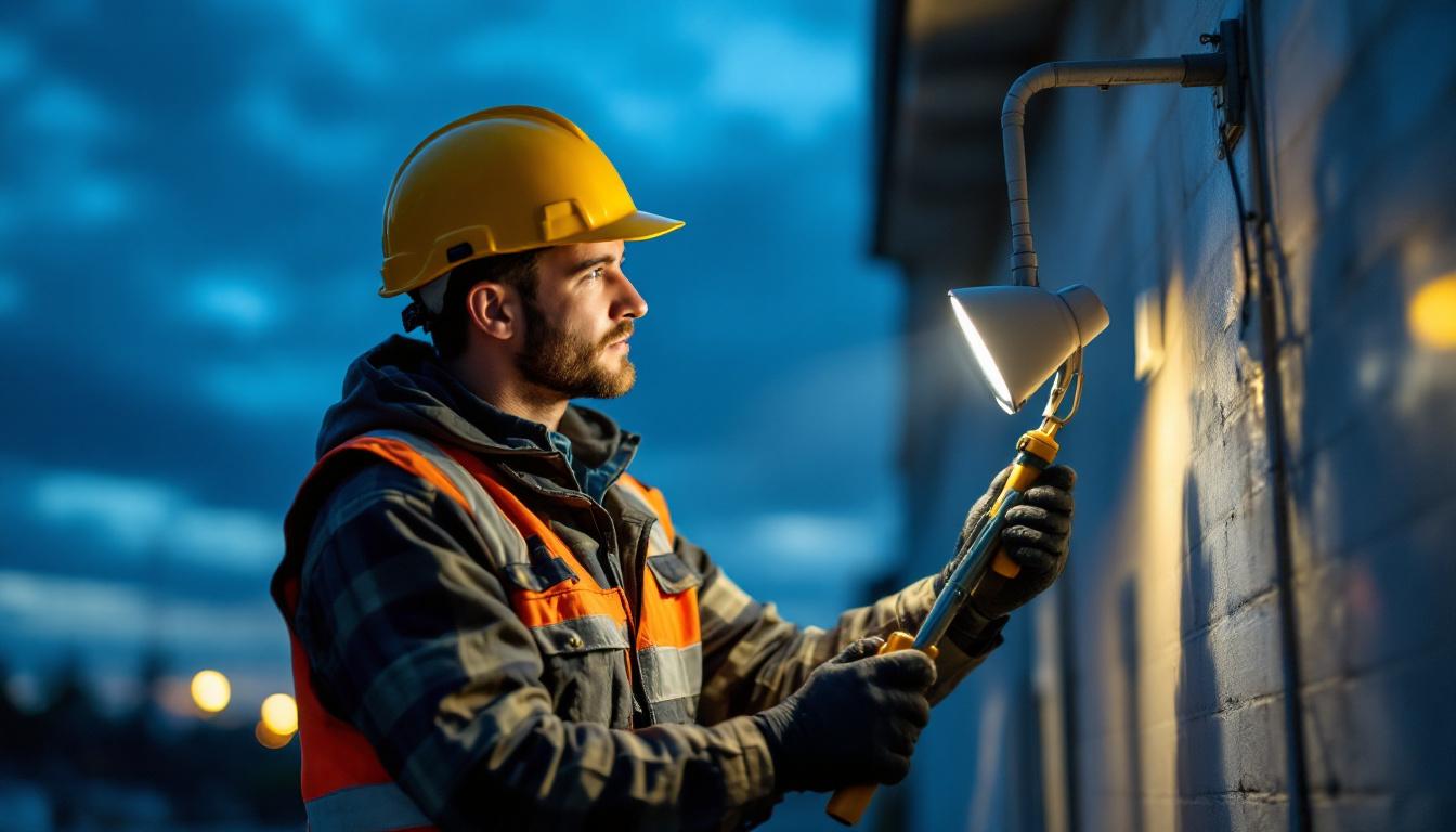 A photograph of a lighting contractor expertly installing or adjusting floodlights in an outdoor setting