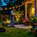 A photograph of a lighting contractor installing outdoor solar led strip lights in a garden or patio setting