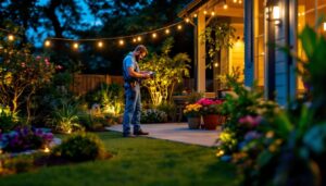 A photograph of a lighting contractor installing outdoor solar led strip lights in a garden or patio setting