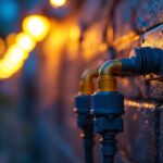 A photograph of a close-up shot of waterproof electrical cord connectors in use at a well-lit outdoor lighting project