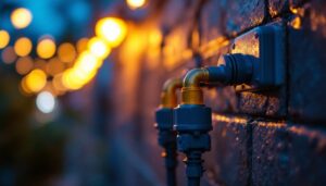 A photograph of a close-up shot of waterproof electrical cord connectors in use at a well-lit outdoor lighting project
