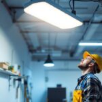 A photograph of a well-lit commercial workspace featuring a 4 ft led shop light hardwired to the ceiling