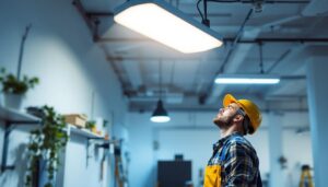 A photograph of a well-lit commercial workspace featuring a 4 ft led shop light hardwired to the ceiling
