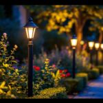 A photograph of a beautifully illuminated outdoor setting featuring stylish pole-mounted lights