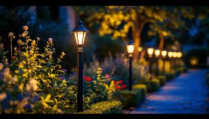A photograph of a beautifully illuminated outdoor setting featuring stylish pole-mounted lights