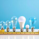 A photograph of a variety of standard light bulbs displayed alongside a measuring tape or ruler on a clean
