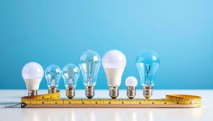 A photograph of a variety of standard light bulbs displayed alongside a measuring tape or ruler on a clean