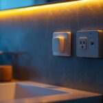 A photograph of a modern bathroom featuring stylish electrical outlets