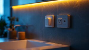 A photograph of a modern bathroom featuring stylish electrical outlets