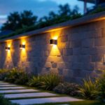 A photograph of a beautifully illuminated outdoor wall with solar lights installed
