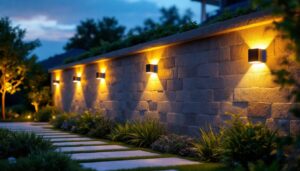 A photograph of a beautifully illuminated outdoor wall with solar lights installed