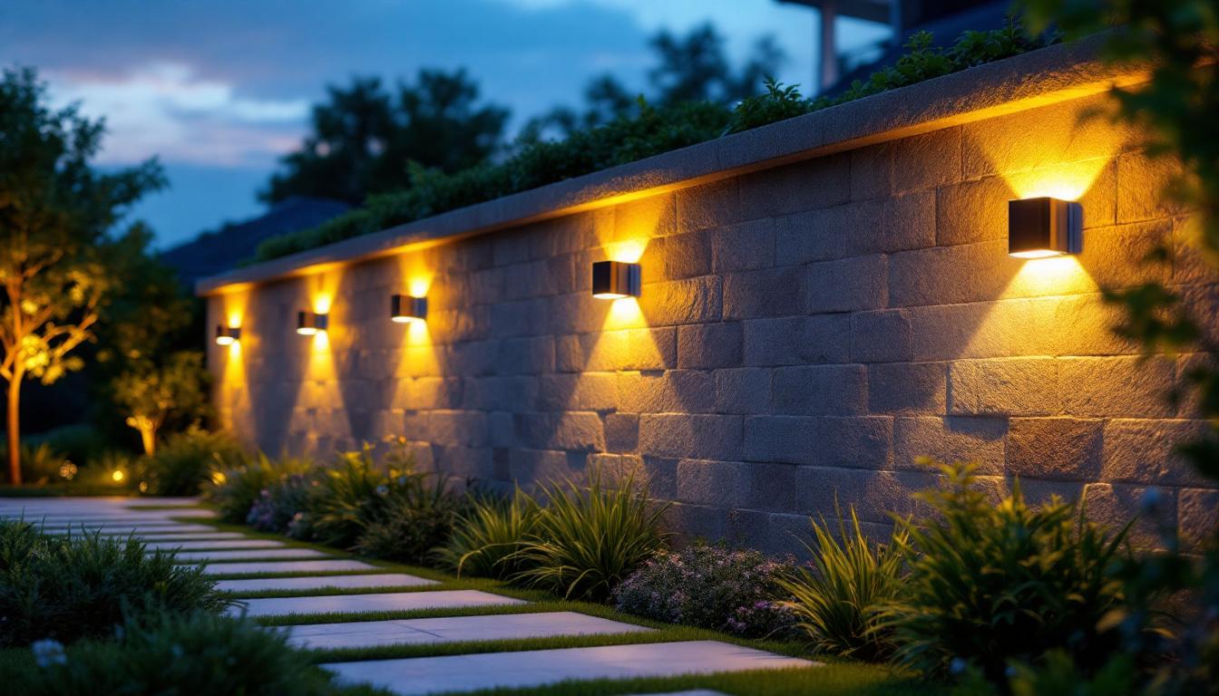 A photograph of a beautifully illuminated outdoor wall with solar lights installed