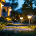 A photograph of a beautifully illuminated outdoor space featuring small solar lights strategically placed along a pathway or garden