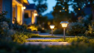 A photograph of a beautifully illuminated outdoor space featuring small solar lights strategically placed along a pathway or garden