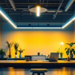A photograph of a modern office space illuminated by sleek led lights