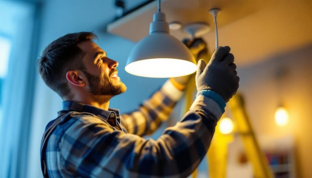 A photograph of a lighting contractor expertly installing or adjusting a modern lighting fixture in a residential or commercial setting