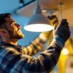 A photograph of a lighting contractor expertly installing or adjusting a modern lighting fixture in a residential or commercial setting