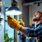 A photograph of a skilled lighting contractor expertly installing a stylish light fixture using various mounting brackets in a well-lit