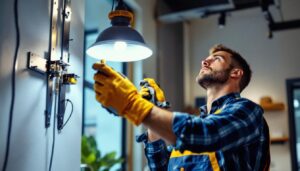 A photograph of a skilled lighting contractor expertly installing a stylish light fixture using various mounting brackets in a well-lit