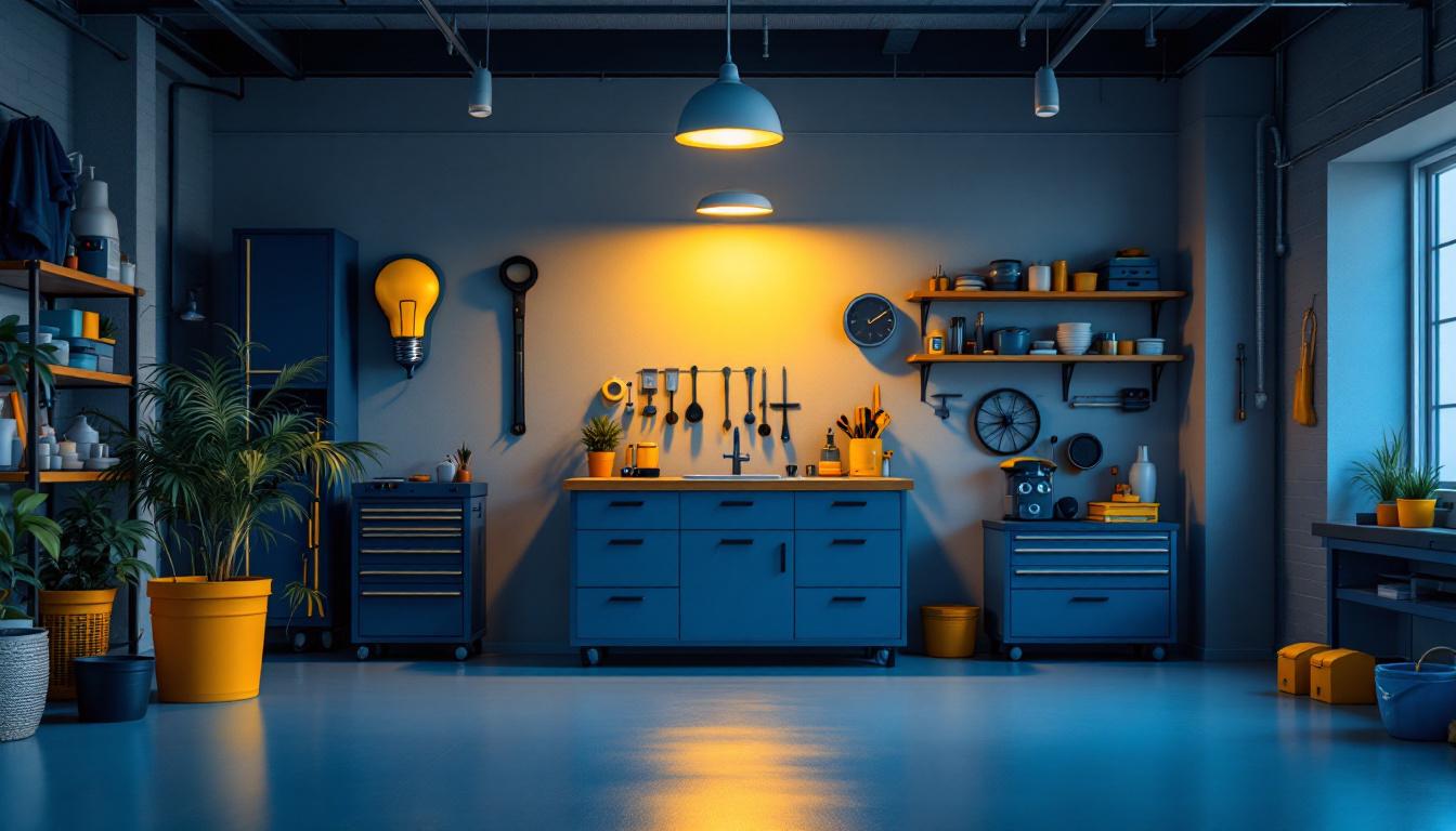 A photograph of a modern garage interior featuring a stylish