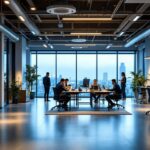 A photograph of a modern office space showcasing a variety of energy-efficient lighting solutions
